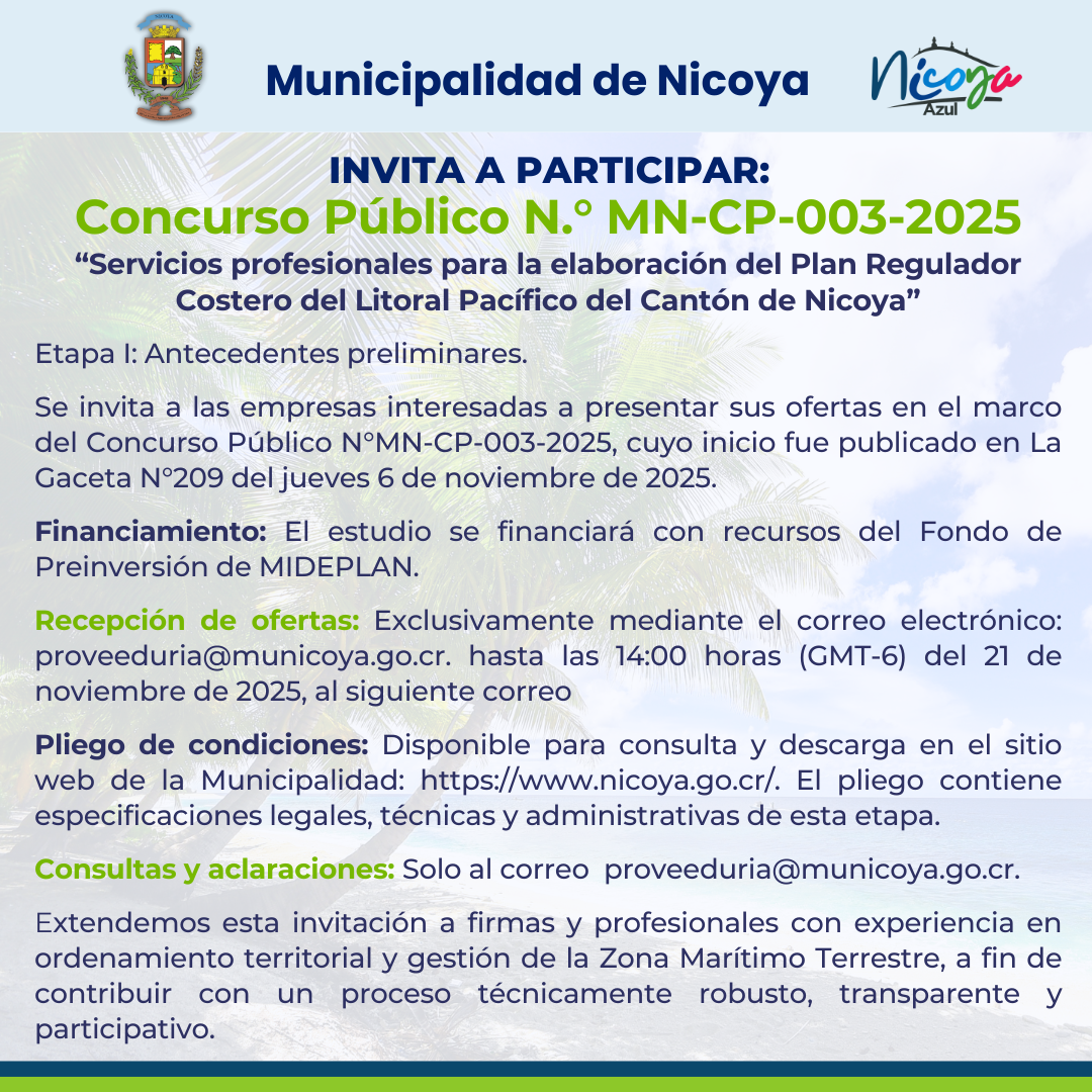 Invitamos a participar en concurso para elaboración del Plan Regulador Costero de Nicoya